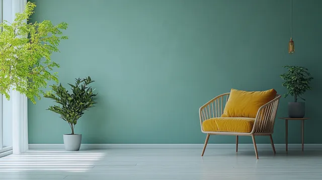 A yellow striped armchair sits in a minimalist room with a mint green wall, potted plants, and sunlight through a window.