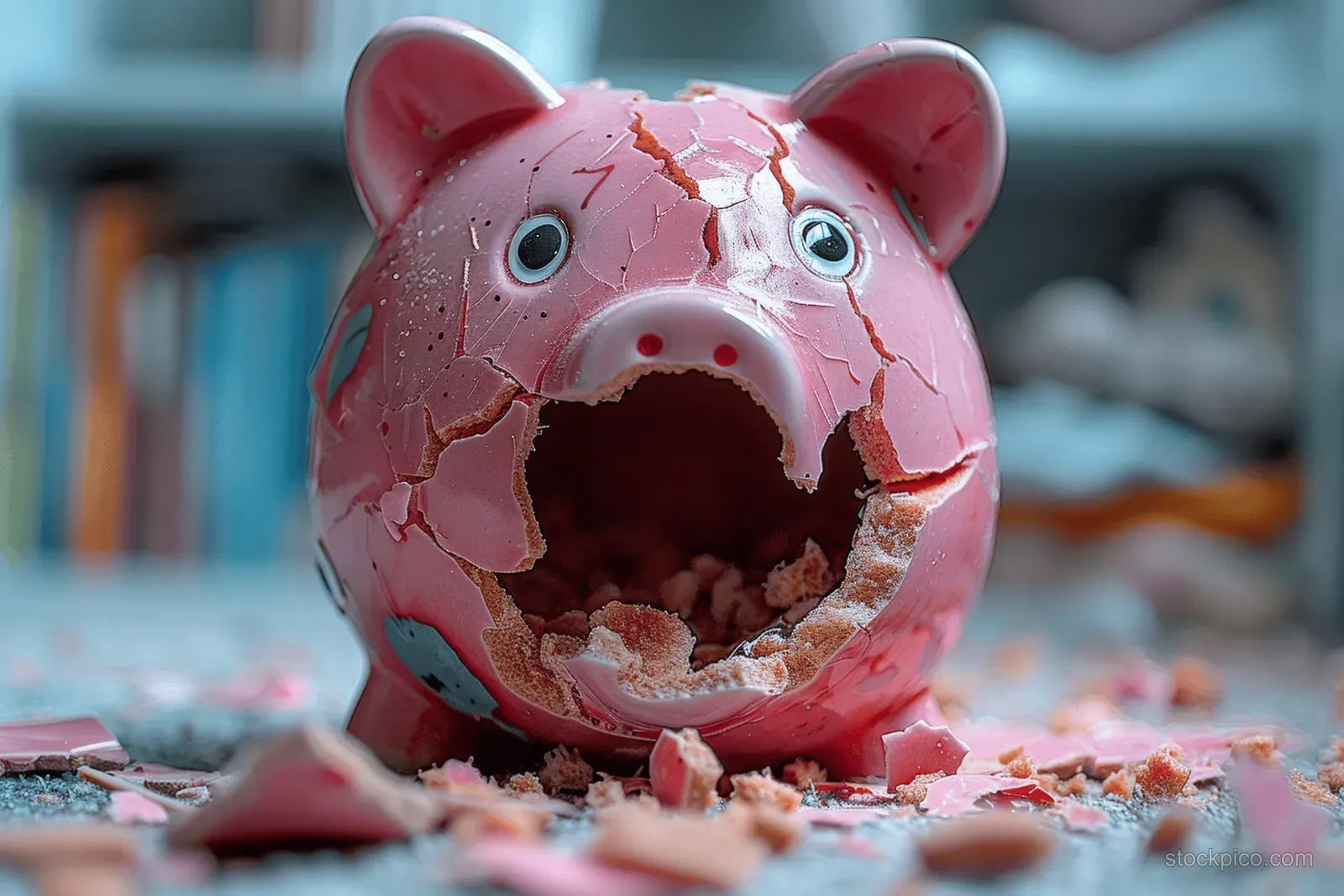 A cracked piggy bank spills coins across a desk, symbolizing financial loss and crisis.