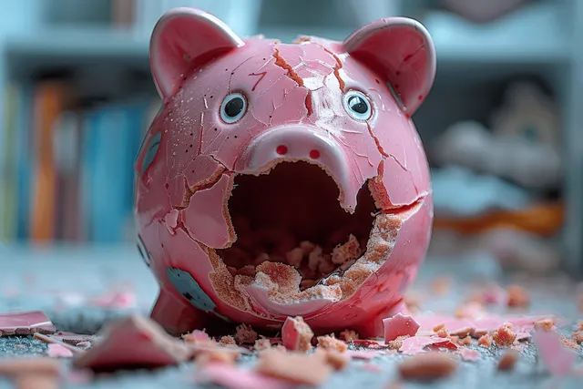 A cracked piggy bank spills coins across a desk, symbolizing financial loss and crisis.