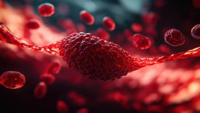 A red blood clot blocks a blood vessel as red erythrocytes float through surrounding fluid.