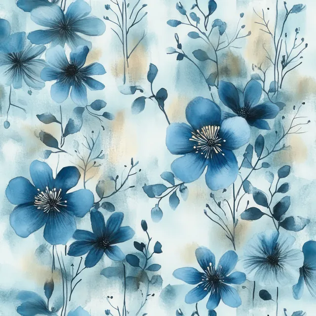 Watercolor blue floral pattern with leafy branches and soft speckled wash background