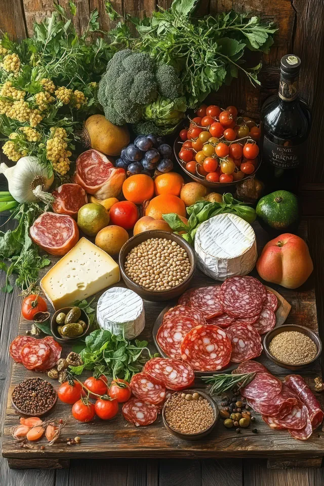 Rustic charcuterie board with cured meats, cheeses, tomatoes, herbs, nuts, and a dark wine bottle on a wooden table.