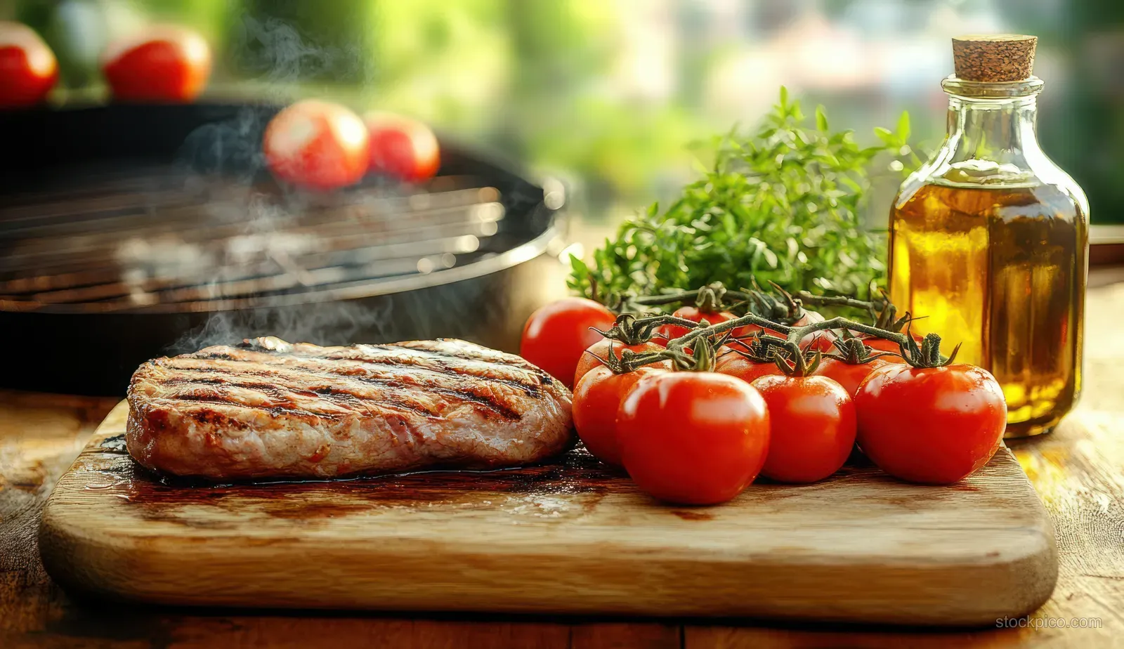 Grilled steak on a wooden cutting board with vine tomatoes, green herbs, and olive oil bottle, barbecue grill blurred in background.