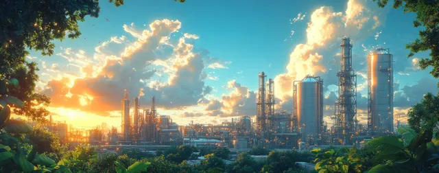Hydrogen energy facility with wind turbines and solar towers at sunset