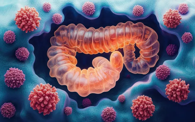 Watercolor human intestine illustration with glowing colorful cells floating around on a cool blue background.