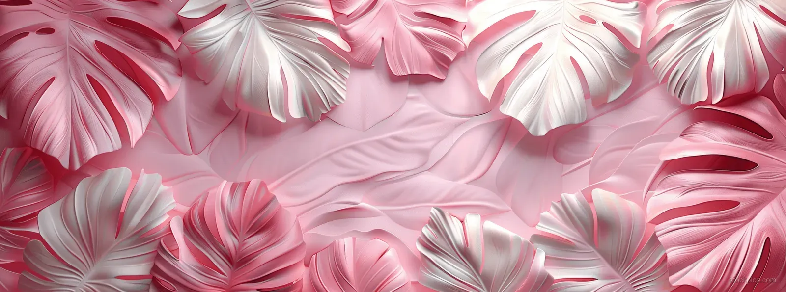 Pink and white 3D monstera leaves layered over a soft pink tropical floral wallpaper background.