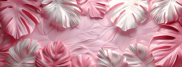 Pink and white 3D monstera leaves layered over a soft pink tropical floral wallpaper background.
