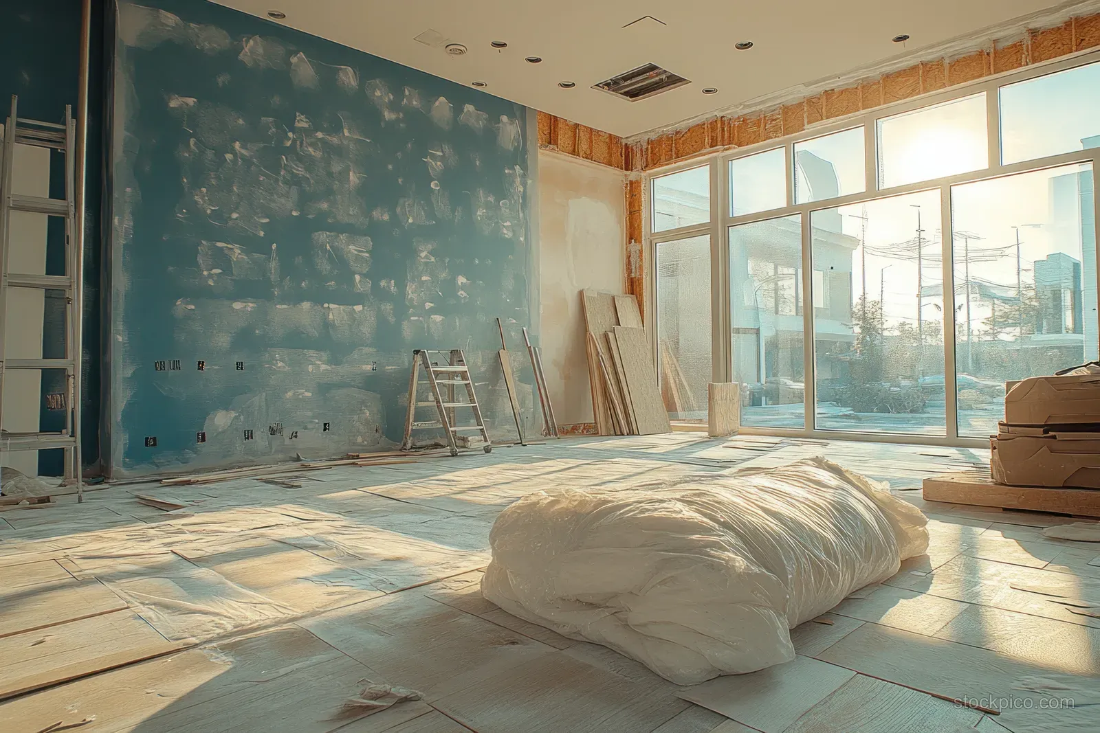 Renovation work in a bright living room with large windows, wooden floor, ladder, and wrapped materials.