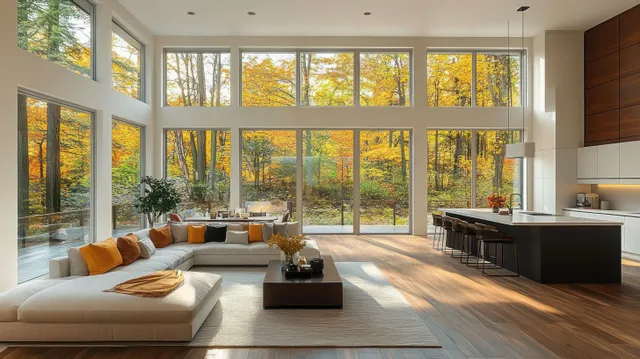 Sunlit open living room and kitchen with floor-to-ceiling windows framing an autumn forest view.