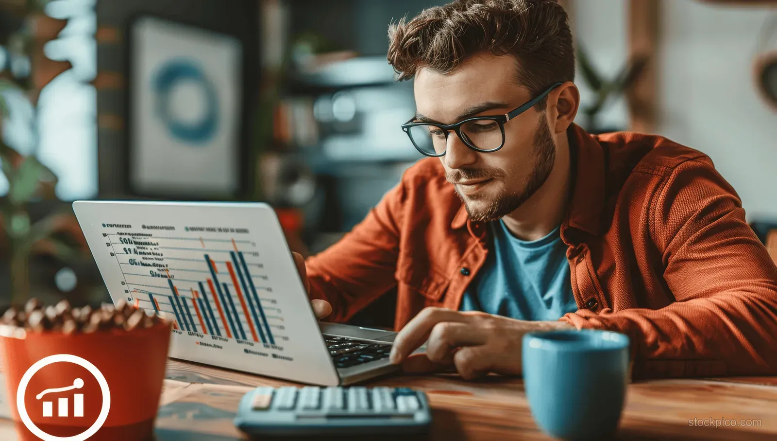 Business analyst studies laptop charts and marketing metrics at a desk in a modern office.
