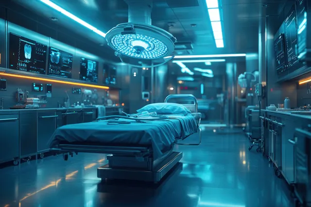 Sterile operating room with overhead surgical lights and a covered empty operating bed.