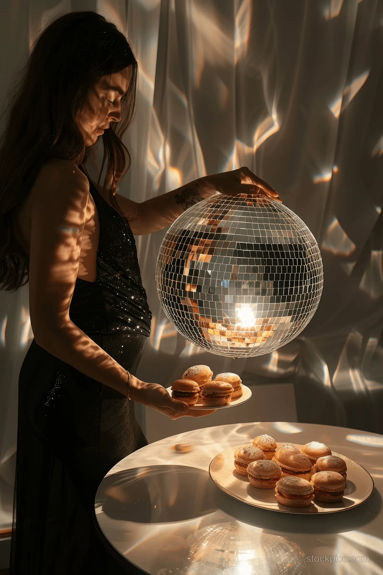 Pregnant woman in a black dress reaching toward pastries beside a disco ball.