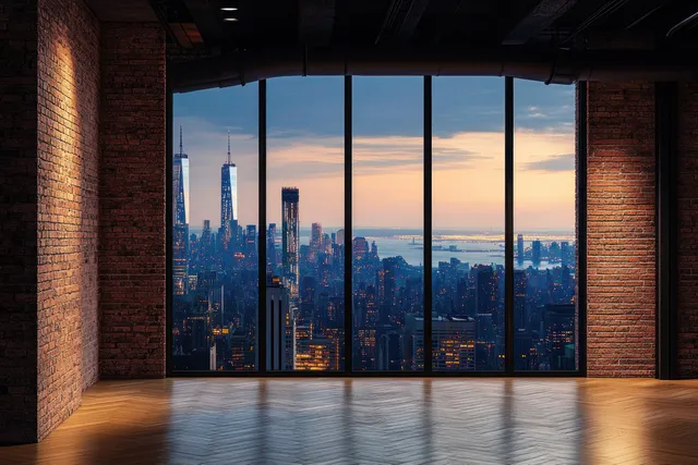 Empty loft room with brick walls and polished floor, viewing a glowing city skyline through large windows at dusk.