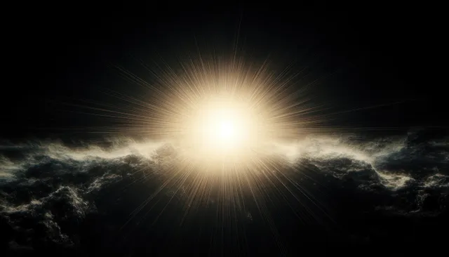 Bright star burst over dark clouds with radiant beams and golden cosmic glow