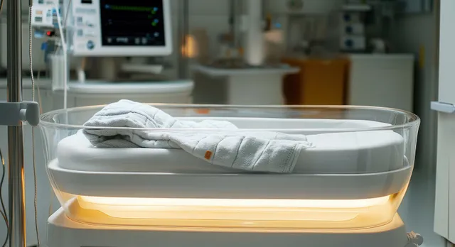 Empty transparent hospital bassinet with a folded white blanket in a softly lit neonatal intensive care unit.