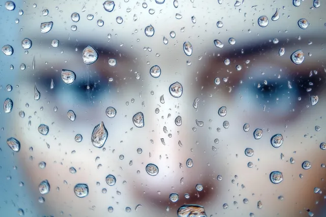 Blue eyes are visible through a glass window with scattered water droplets and soft reflections.