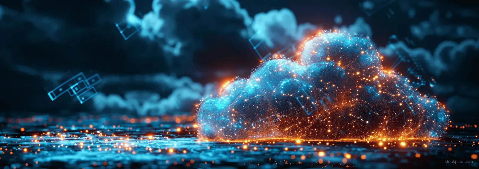 Neon blue cloud security shield emerges above server racks amid digital data lines and glowing sparks.