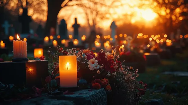 Candlelit cemetery flowers at sunset, glowing votive lights and blurred headstones