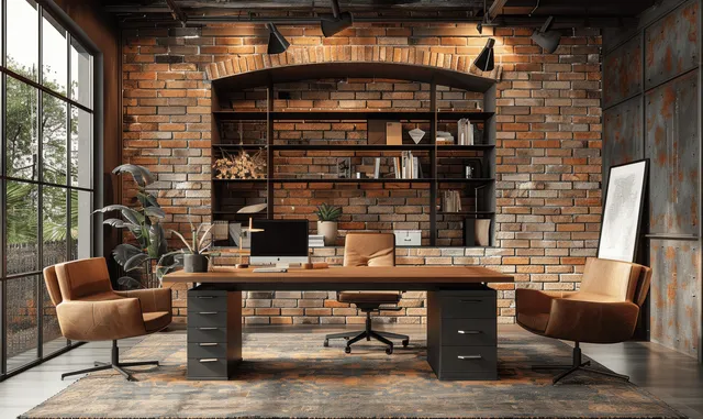 Industrial home office scene with brick wall shelves, leather armchairs, and warm lighting around a desk and windows.