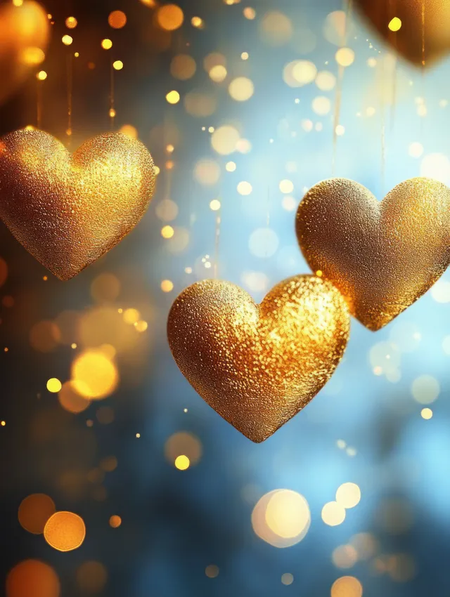 Golden glitter hearts float against a dreamy background of warm bokeh lights and soft light haze.