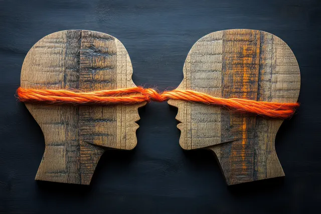 Two wooden head silhouettes face each other with an orange string tied across their eyes against a dark background.