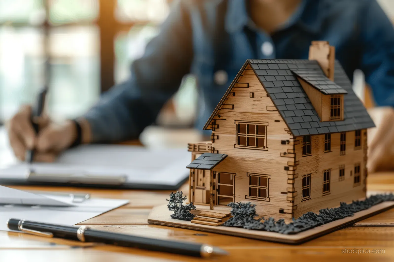 A home model sits on a desk as a real estate agent signs a contract document in an office.