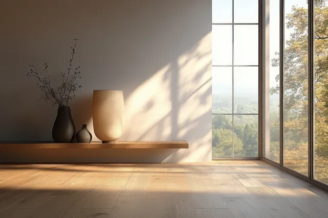 Minimalist living room with sunlit wooden floor and tall windows overlooking landscape