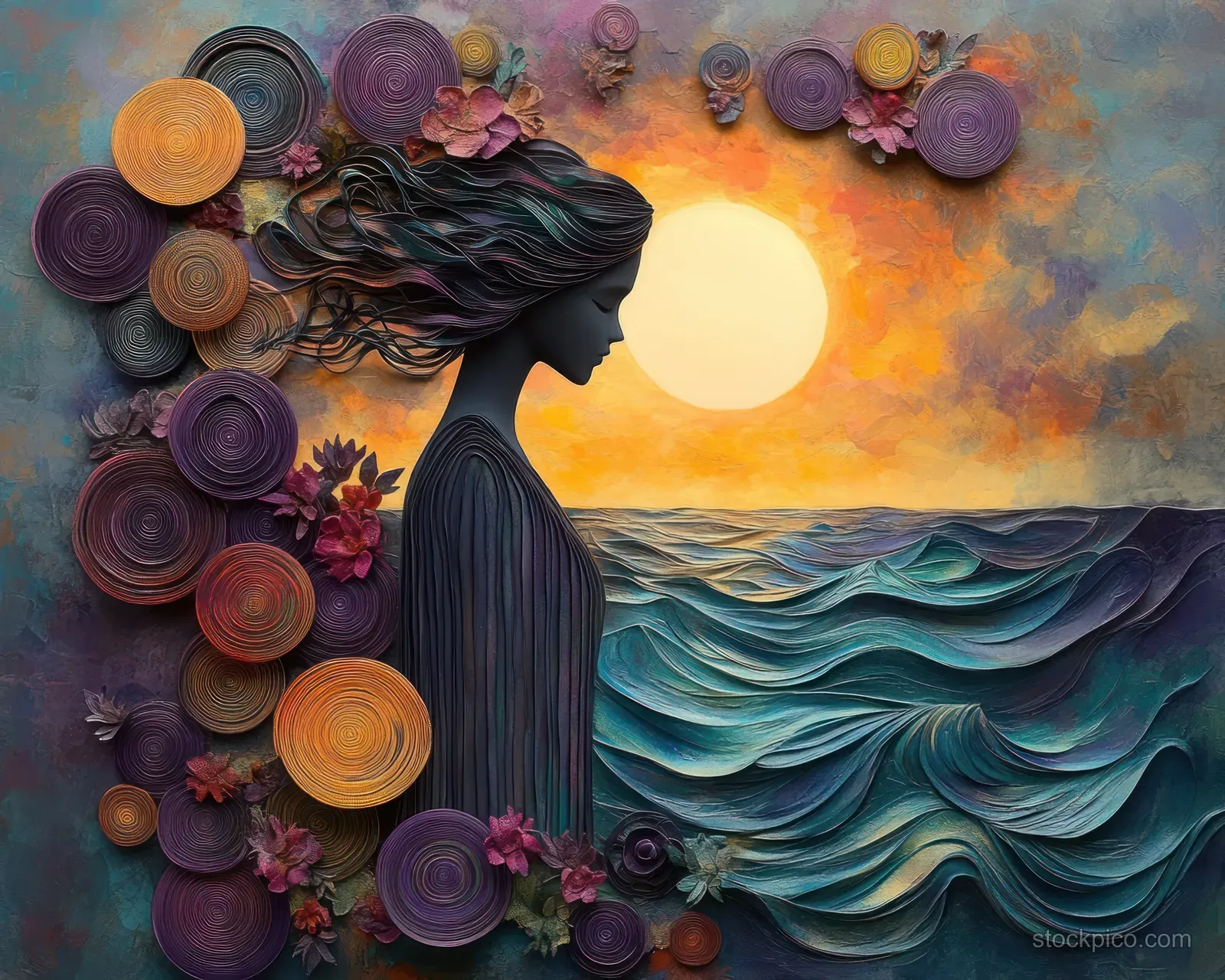 Silhouetted woman profile with flowing hair merges into swirling floral shapes beside a glowing sunset and textured ocean waves.