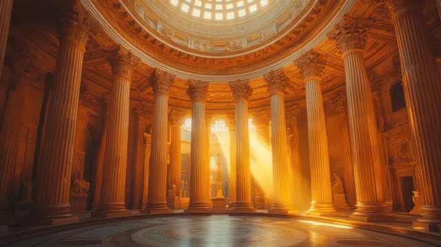 Sunlit ancient circular temple interior with tall stone columns, carved details, and a wide open central floor.