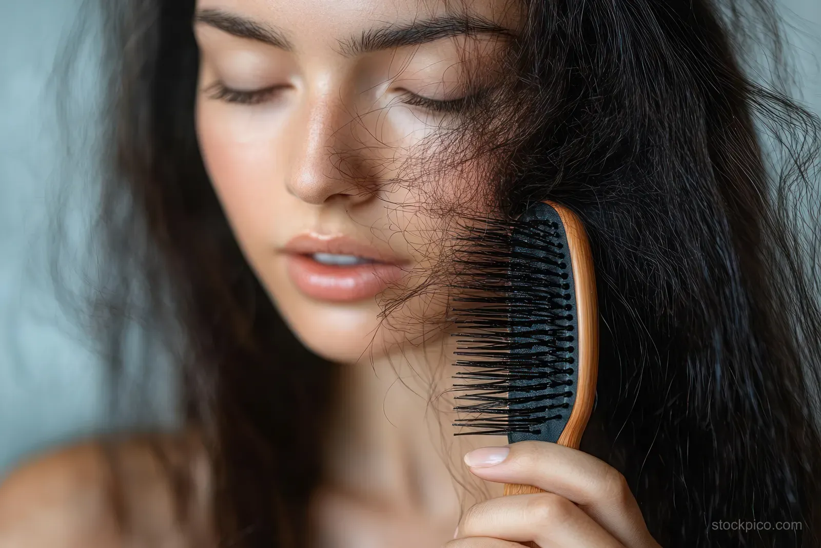 Young woman holds a hairbrush while shedding black hair falls onto it, showing worry about hair loss.
