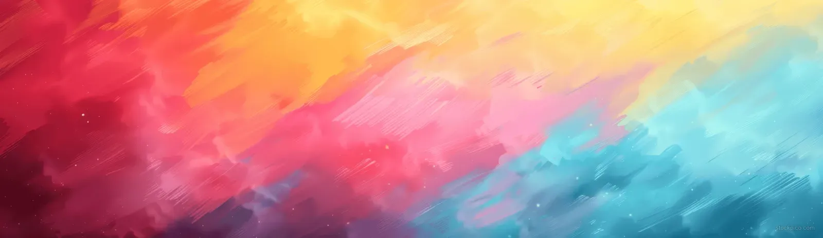 Pastel watercolor sky with fluffy rainbow-tinted clouds and a smooth gradient banner for copy space.