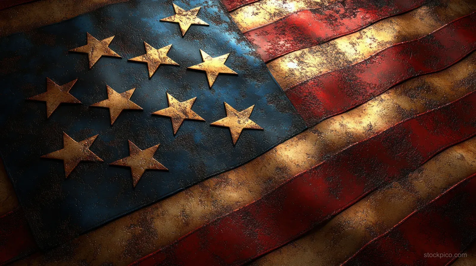 American flag stars and stripes wave across textured fabric under soft warm light.