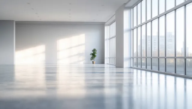Empty modern room with floor-to-ceiling windows and a single potted plant casting soft shadows on the reflective floor.
