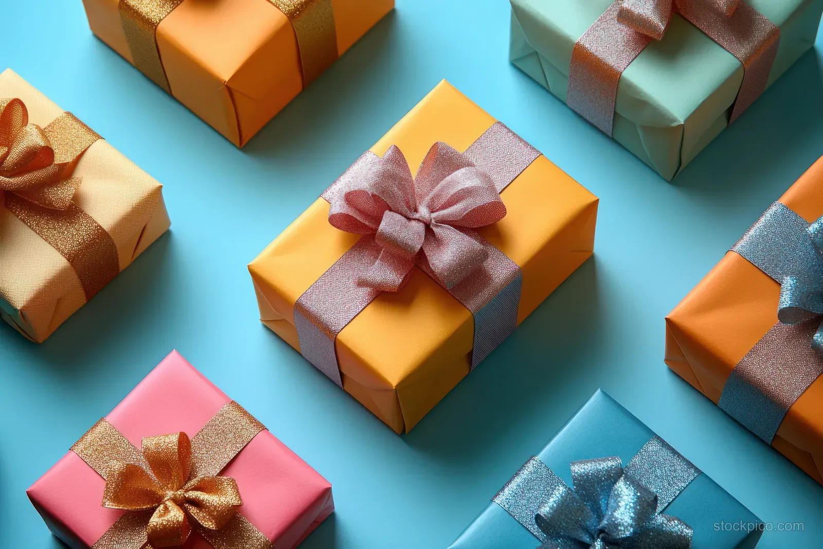 Colorful gift boxes are arranged symmetrically on a light blue background, creating a festive and cheerful atmosphere.