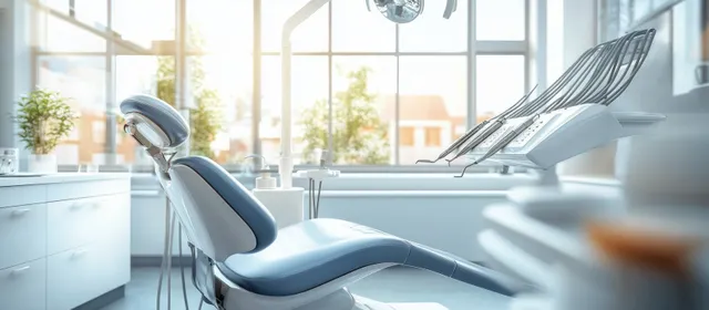 Empty dental clinic treatment chair with overhead dental instruments and bright daylight through large windows.