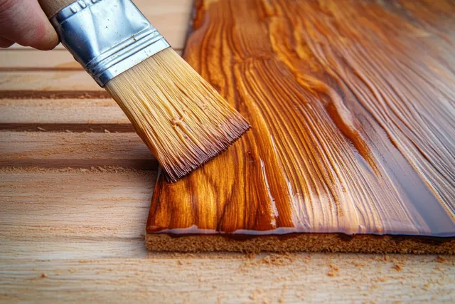 Hand-brushed varnish applied to a wooden plank, highlighting visible grain under natural light