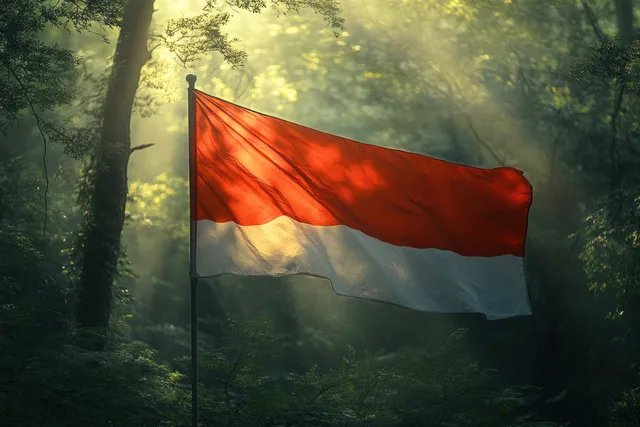 A red and white Polish flag waves on a balcony above sunlit trees and misty greenery.