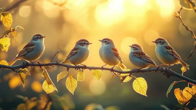 Five small songbirds perch on a spring branch, singing in golden sunlight with soft bokeh blossoms behind.