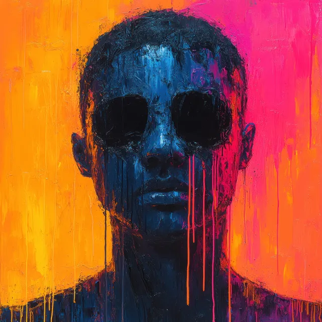 Surreal portrait of a stylish young woman with dripping paint and neon gradient lighting