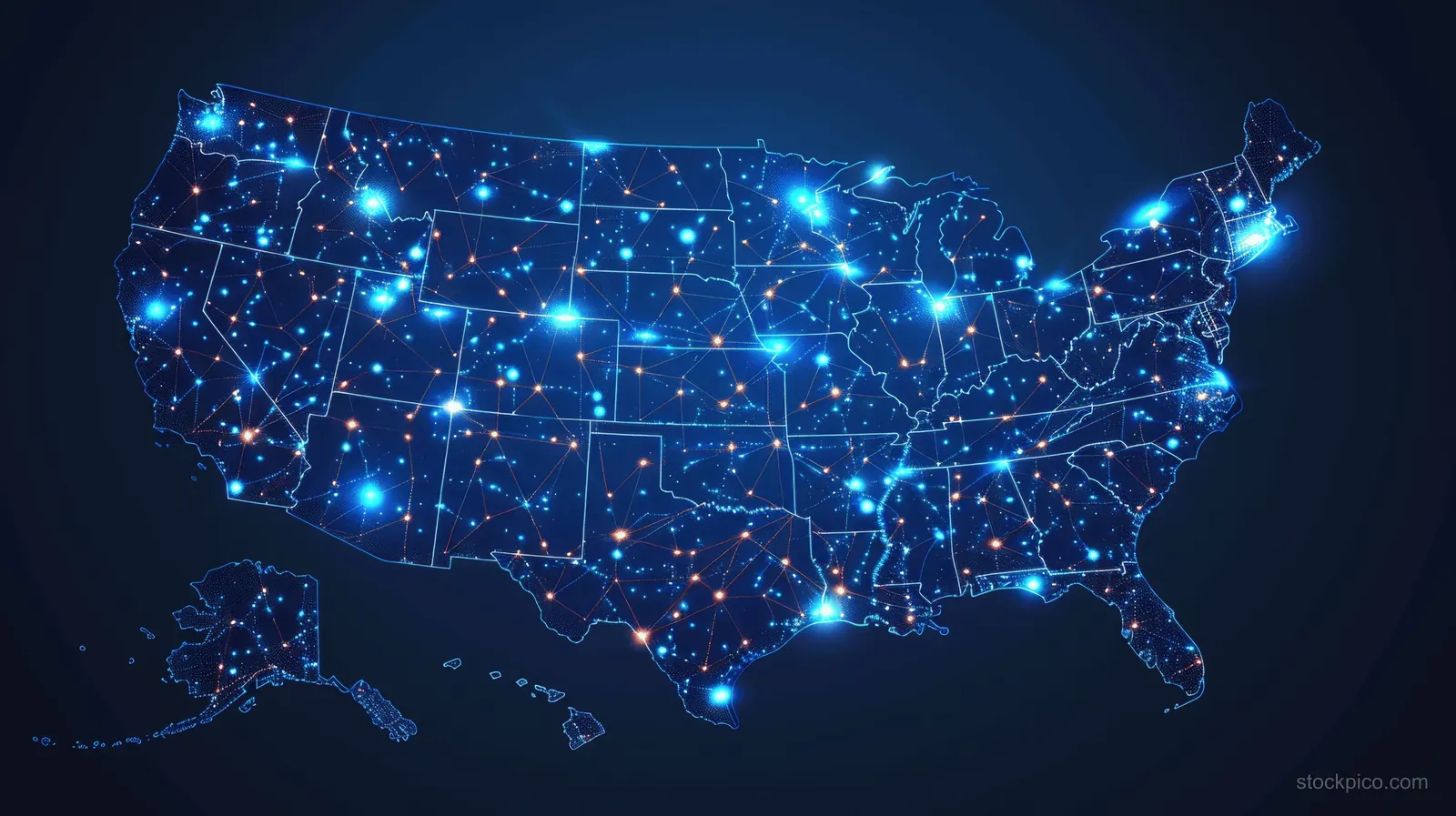 Glowing digital USA map with connected nodes and lines on a dark blue background.