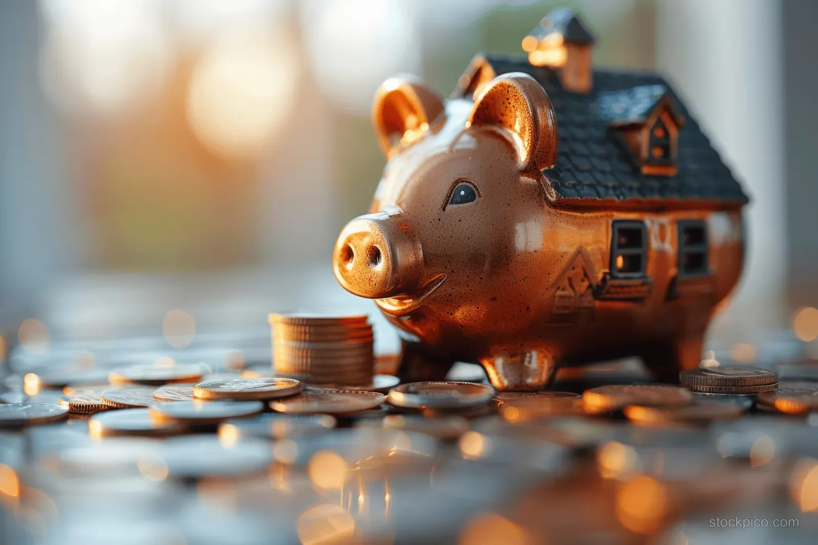 A house-roof piggy bank sits among scattered coins on a wooden table with blurred buildings behind.