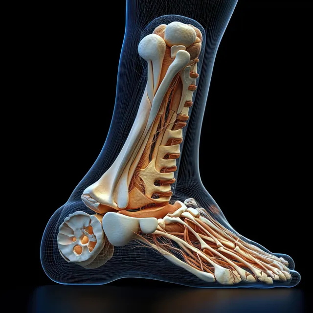 Surreal anatomical illustration of a human foot with exposed bones and tendons under dramatic rim lighting.