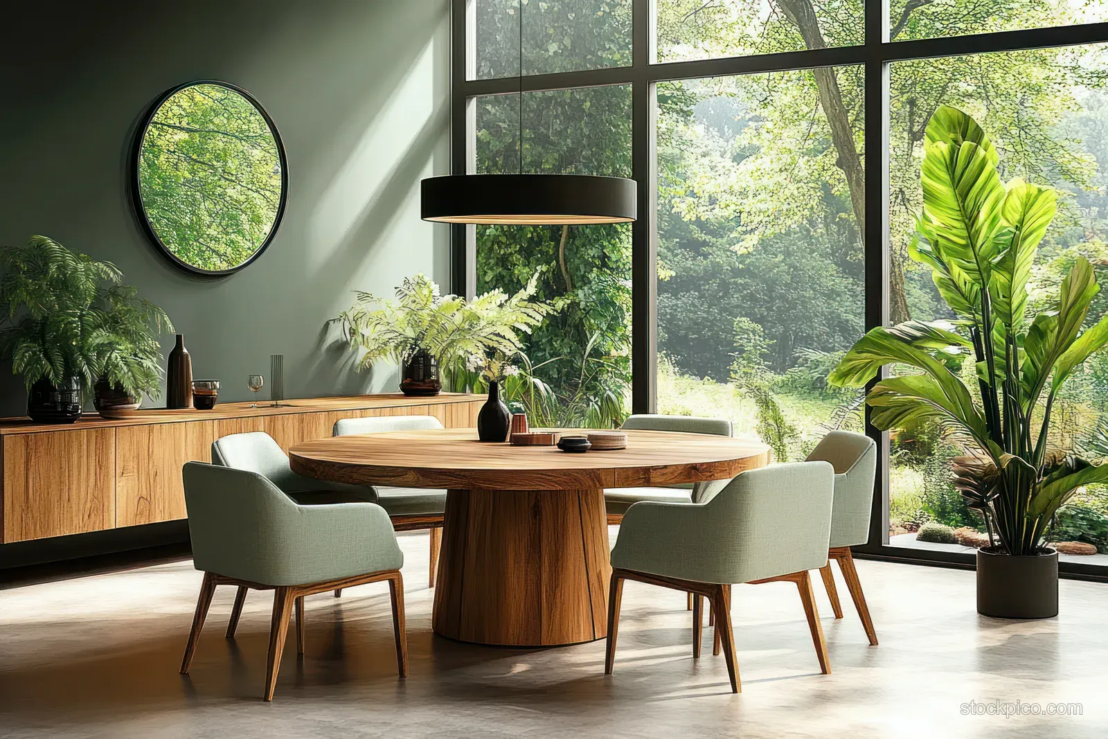A round wooden dining table with mint chairs sits in a plant-filled room lit by large windows.