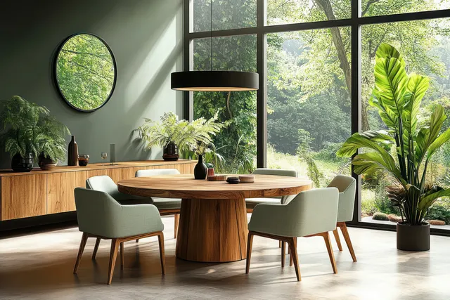 A round wooden dining table with mint chairs sits in a plant-filled room lit by large windows.