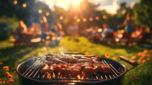 Sausages sizzle on a barbecue grill in the foreground while a sunny garden party glows blurred behind.