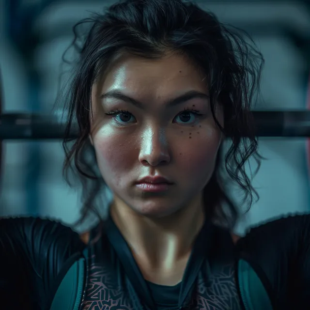 A focused Kazakhstani weightlifter grips a barbell in a training gym with intense concentration.