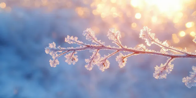 A frost-covered plant branch shimmers under warm morning sunlight against a blurred blue background.
