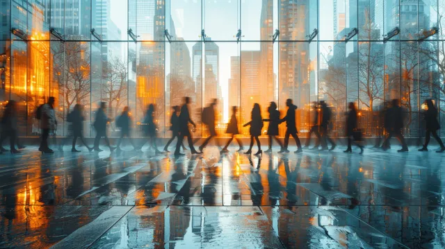 Blurred silhouettes of commuters walk across a reflective office lobby floor in New York City.