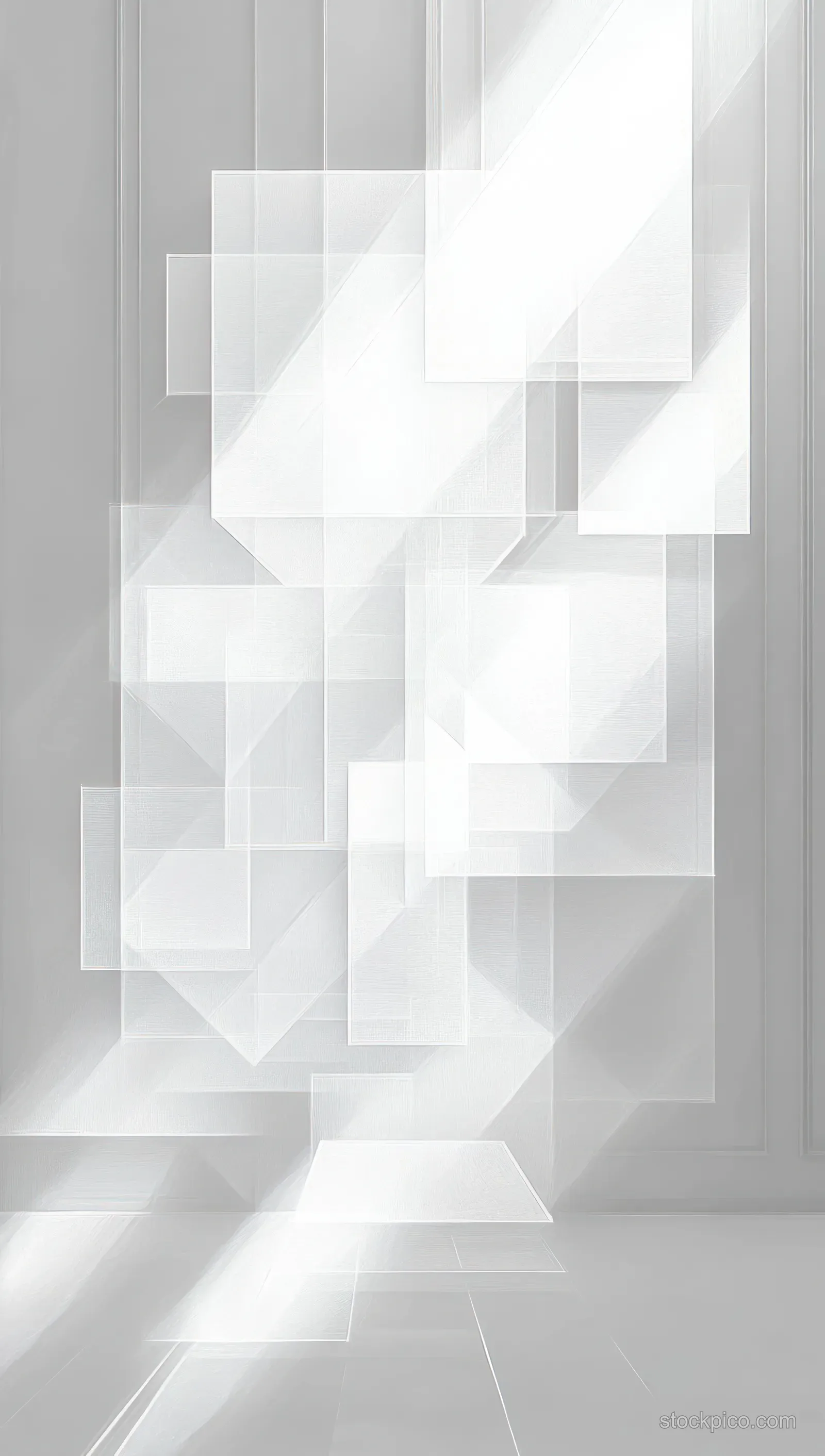 Layered translucent square blocks with soft shadows arranged on a bright white background.