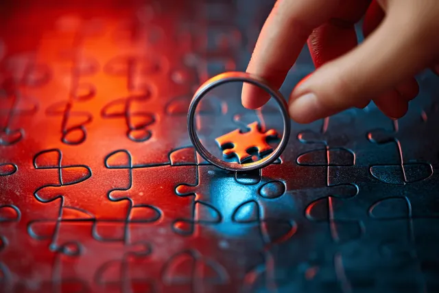 Hand placing final piece into blue jigsaw puzzle with glowing magnifier lens